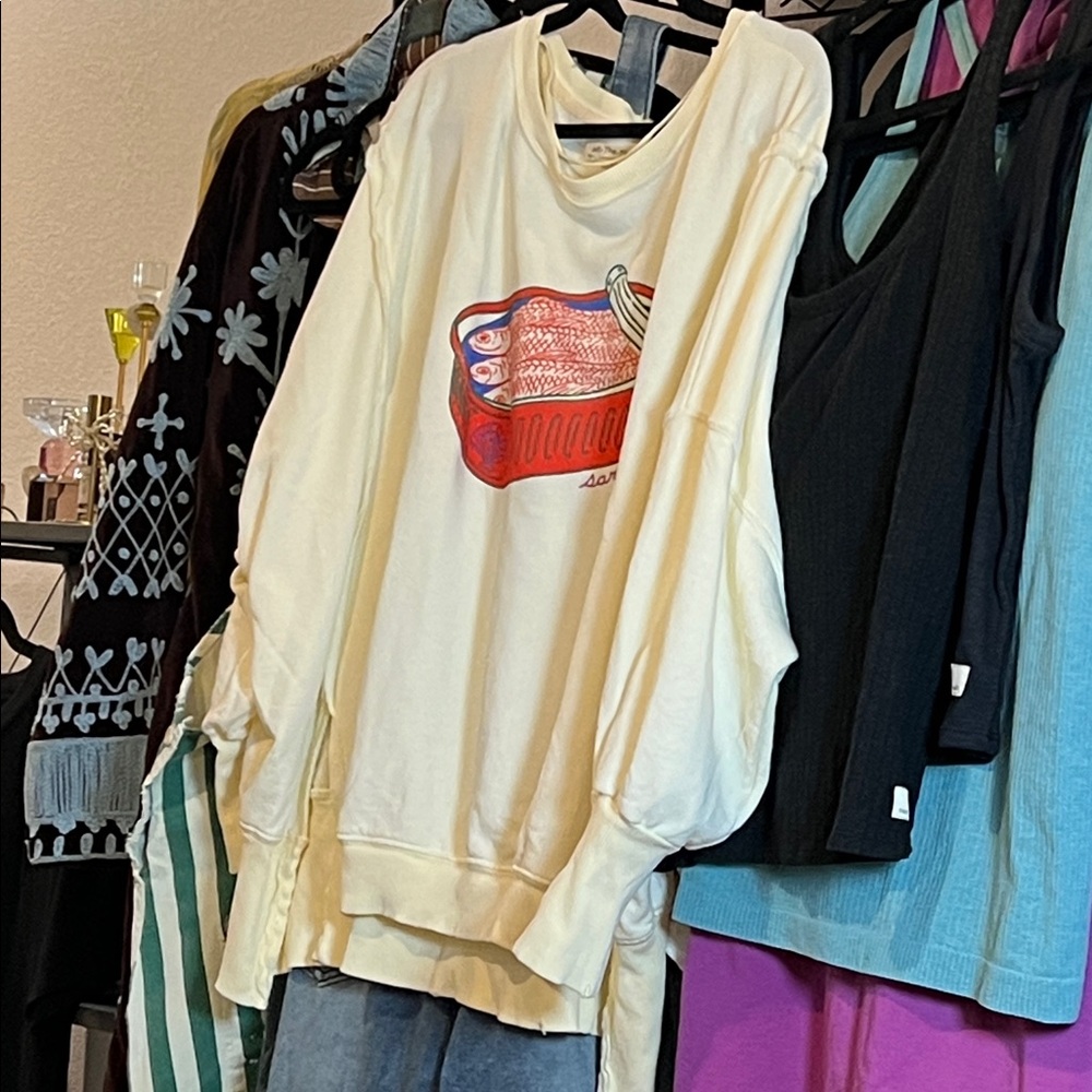 Free People Cream Sweatshirt with Red & Pink Sardine Can Graphic - Picture 2 of 2